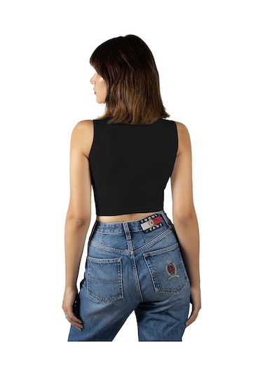 Siyah Fitted/vücuda Oturan Crop Halter Yaka Fitilli Esnek Örme Bluz Atlet Siyah