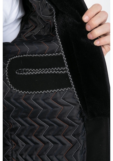 Erkek Siyah Yün Karışım Çift Yaka Kürklü Önü Fermuarlı Kaşe Kaban Siyah