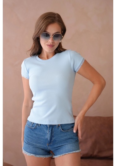 Dantel Detaylı Örme Body Bluz Mavi