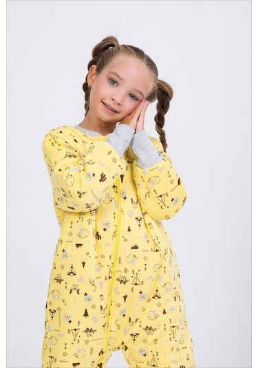 Kız Erkek Çocuk Kalın Elyaf Dolgulu Premium Kalite 2.5 Tog Desenli Uyku Tulumu Sarı - Kahverengi