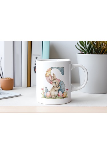 S Harfli Tavşan Kupa - Patchwork / Yamalı Desenli İsme Özel Kupa - Pastel Vintage Tarz Hediyelik 07 Beyaz