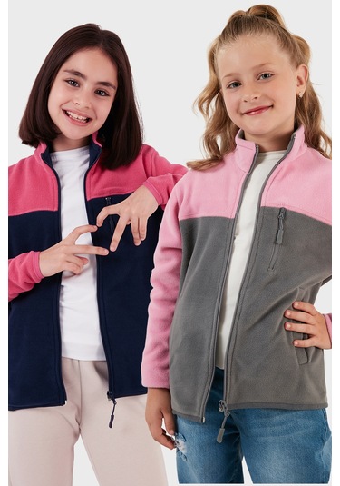 Lela Yumuşak Dokulu Fermuarlı Renk Bloklu Dik Yaka Cepli 2'Li Paket Hırka Çocuk Polar 5905001S2 Fuşya Lacivert-Şeker Pembe Gri