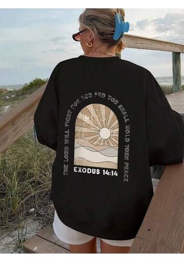 Exodus 14:14 Kışlık Kalın Sweatshirt - Siyah Baskılı Oversize Kalın Kışlık Bisiklet Yaka Siyah