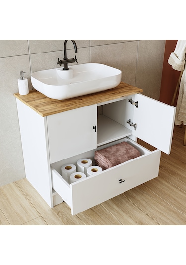 Oval Lavabolu Mdf 80 Cm Çekmeceli Banyo Dolabı Atlantik Çam - Beyaz