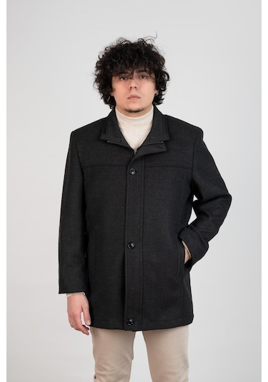 Yakalı Klasik Kesim Fermuarlı Kaşe Erkek Kaban Antrasit