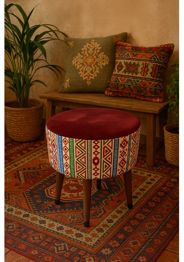 Ustaagac Puf Koltuk Bench Tabure Modern Kilim Bordo - Ahşap Ayaklı - Doğal Modern Stil Bordo Mürdüm