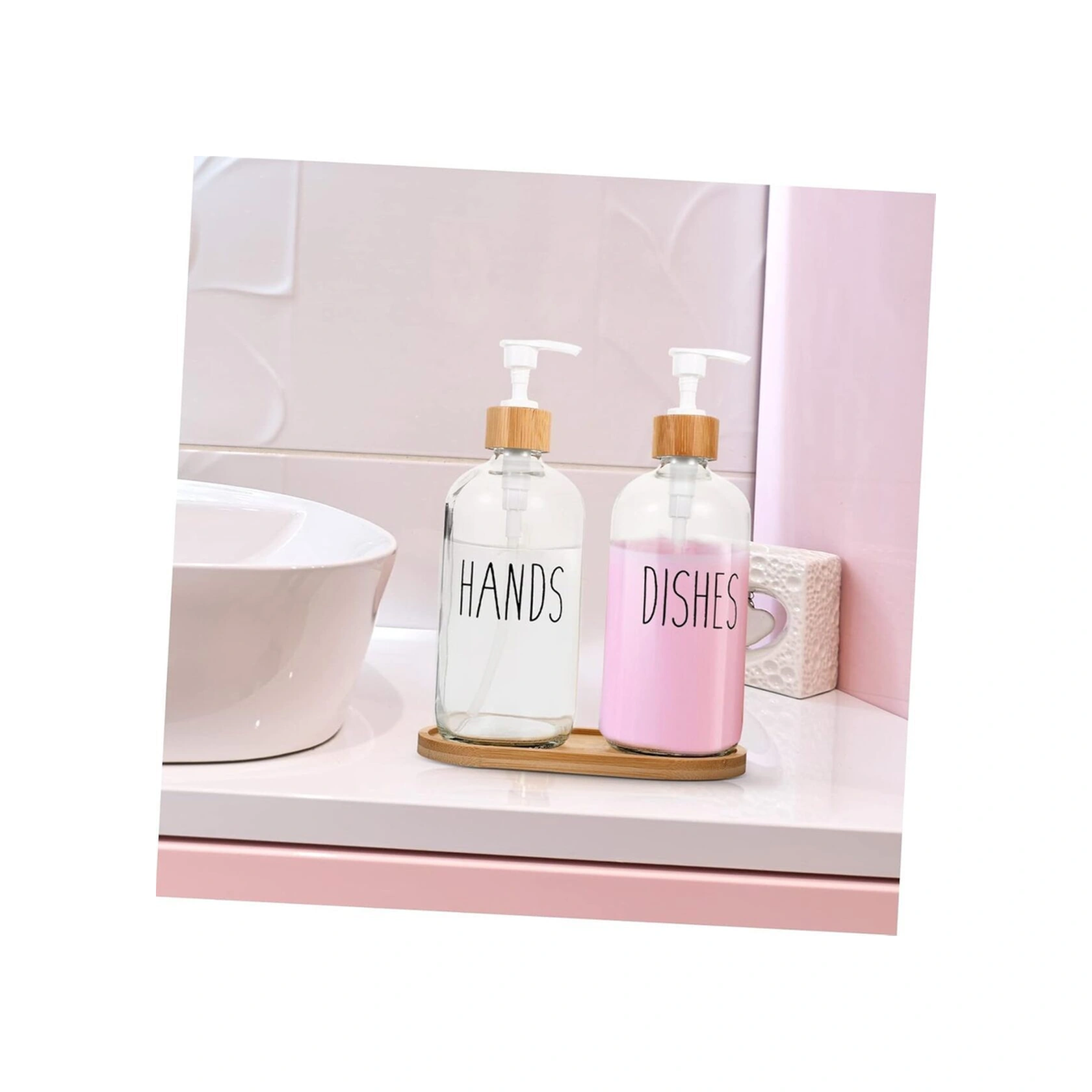 2 Li Mutfak Sıvı Sabunluk Seti Hands&dishes Bambu Tepsili Şeffaf