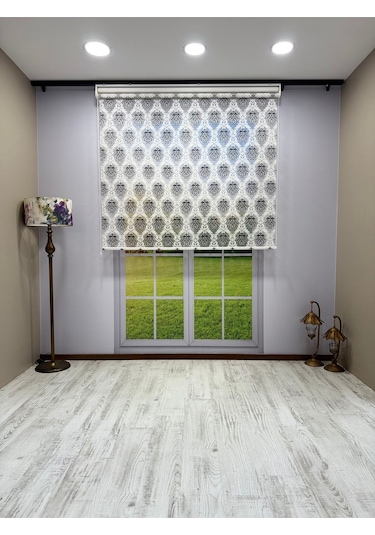 Gri Damask Desenli Çift Mekanizmalı Tül Ve Stor Perde - Simli Kumaş, Simli Stor Perde Gri