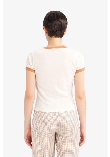 Defacto Fitted Bisiklet Yaka Baskılı Kısa Kollu Ribana Üst-fall İn Love G0364ax25auer98 Ekru