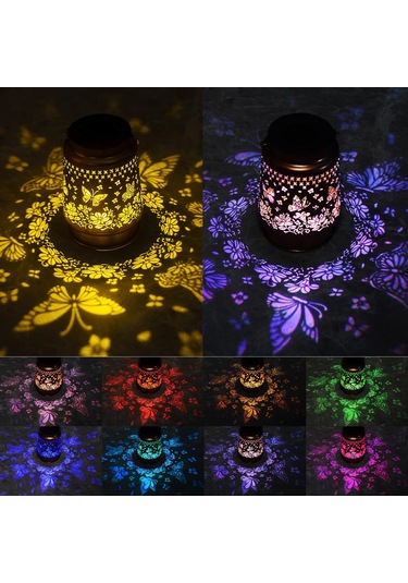 Kelebek Güneş Feneri Işıkları Açık Hava Asılı 2 Güneş Enerjili Kapak Sıcak Beyaz Ve Renkli, Metal Dekor Fenerleri- Led Dekoratif Işık S Sıcak Beyaz