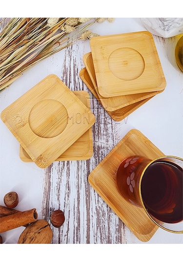 Ahşap Çay Tabağı 6 Lı Set Bardak Fincan Kupa Altlığı Kare Ahşap