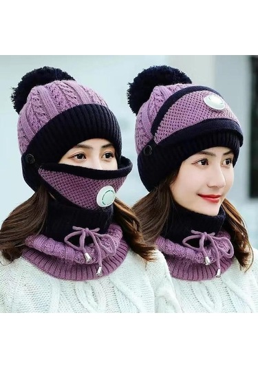 Novahub Üçü Bir Arada Kış Kadın Tek Parça Şapka Artı Kadife Sıcak Pamuk Maske Şapka Yün Kap Baotou Önlük Mor Mor