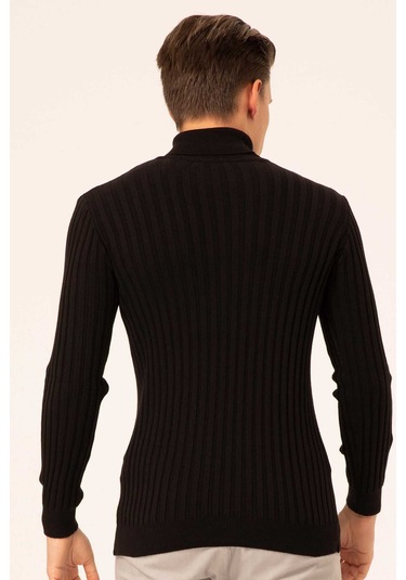 Ateş Triko Erkek Balıkçı Yaka Slim Fit Fitilli Triko Kazak 6091288 Siyah Siyah