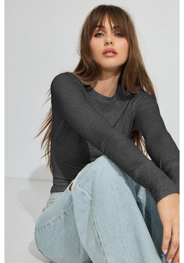 Madmext Füme Bisiklet Yaka Slim Fit Kadın Body Mg2564 Füme