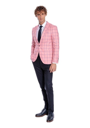 Mavi Kare Desenli Slim Fit Pembe Erkek Ceket 001