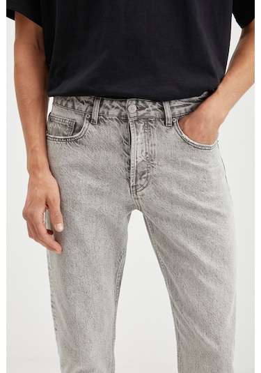 Gılberto  Erkek Carrot Fit Havuç Paça Eskitme Yıkamalı Kalın Dokulu Denim Açık Gri Jeans