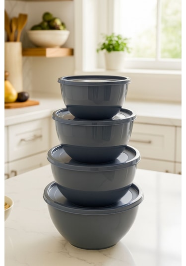 4 Lü Yuvarlak Kase Seti Antrasit 1l, 1.5l, 2.3l, 3.3l Kapaklı Çok Amaçlı Mutfak Saklama Kabı Antrasit