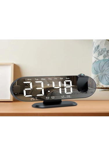Youtek Siyah Kasa Beyaz Işıklı Dijital Projeksiyon Saat, Led Ekranlı Sicaklık-nem Gösterici, Ayna Yüzeyli Elektrikli Saat Diğer