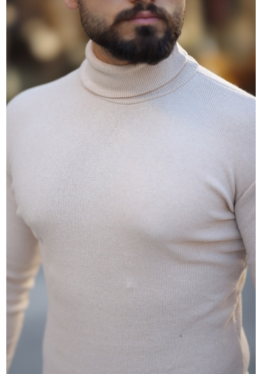 Erkek Bej Boğazlı Triko Kazak Bej