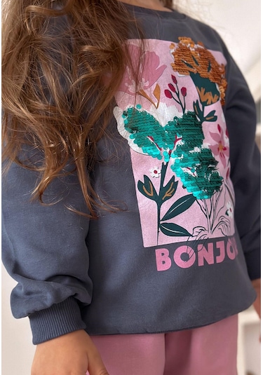 Cigit Çiçek Basdkılı Pullu Sweatshirt 1-6 Yaş Lacivert Lacivert