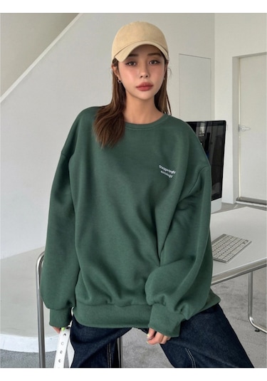 Kadın Nefti Yeşil Staggertly Baskılı Bisiklet Yaka Sweatshirt Nefti Yeşili