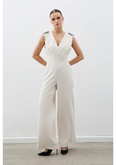 Sateen Aksesuar Detaylı Tulum - Bej