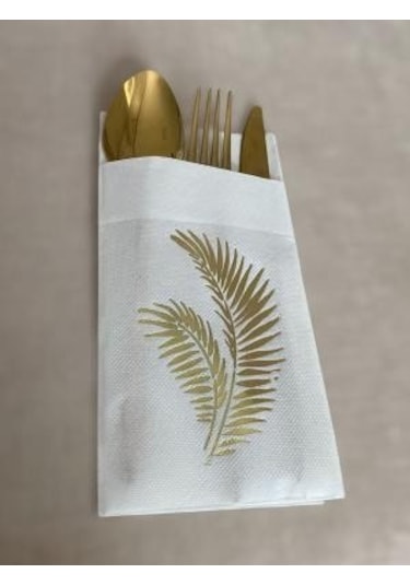 Gold Yaldızlı Beyaz Yaprak Cepli Aır Touch Peçete 12 lı 40x40