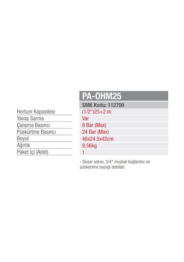 Palmera Pa-Ohm25 Otomatik Hortum Makarası 25M Geri Sarımlı