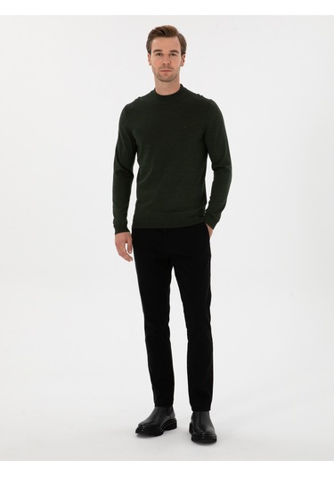 Cacharel Koyu Yeşil Slim Fit Yün Karışımlı Çeyrek Balıkçı Basic Triko Kazak Yesıl