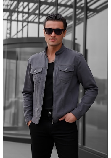 Antrasit Renk Fermuarlı Erkek Kot Ceket-1690 Antrasit