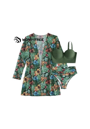 Kadın Yaz Baskılı Bikini Mayo Üç Parçalı Set - Yeşil - Wr409313