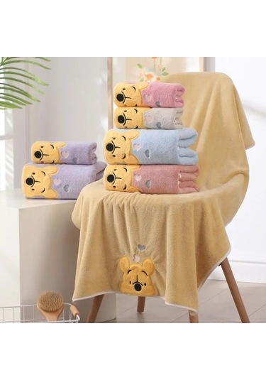 Zyzqstore Kalınlaşmış Mercan Kadife Banyo Havlusu Nakış Pooh Ayı Çok Renkli Çok Renkli
