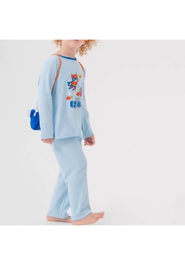 Süper Heros Çanta Ve Maskeli % 100 Pamuk Erkek Çocuk Pijama Takımı Mavi