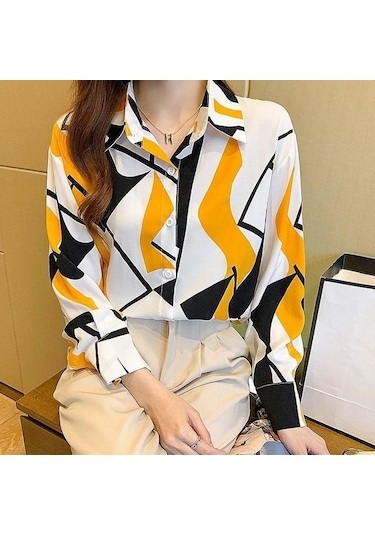 Kadın Uzun Kollu Şifon Gömlek Moda Kore Fit Geometrik Baskı Üst Büyük Gömlek Sarı