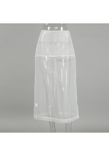 Seksi Şeffaf File Etek Kadın Beyaz Yüksek Bel Yırtmaçlı Bol Uzun Etekler Sonbahar Sokak Modası Kulüp Parti Eteği Kadın Beyaz