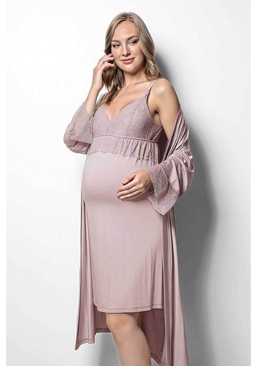 Monamise 18430 Hamile Lohusa Sabahlıklı Gecelik Takım - Vizon