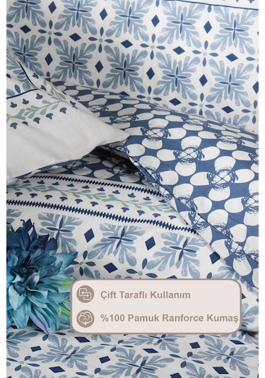 Elart Amanda Nevresim Takımı Çift Kişilik %100 Pamuk Ranforce Lastikli Çarşaf 200x220 Cm Mavi MAVI