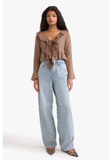 Defacto Regular Fit Dokulu Uzun Kollu Bluz F7657ax25aubn267 Kahve