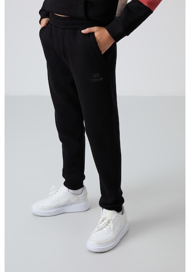 Tommy Life Bej-siyah Pamuklu Kalın İçi Tüylü Yumuşak Dokulu Standart Fit Nakışlı Erkek Çocuk Eşofman Takım - 1 Bej