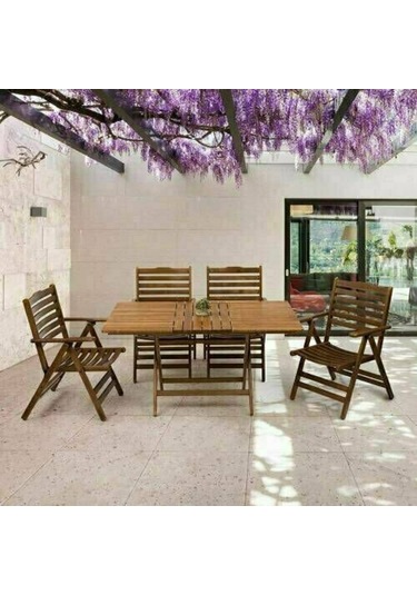 Ürgüp Katlanır Ahşap Bahçe Balkon Seti: 80X160 Masa + 4 Sandalye