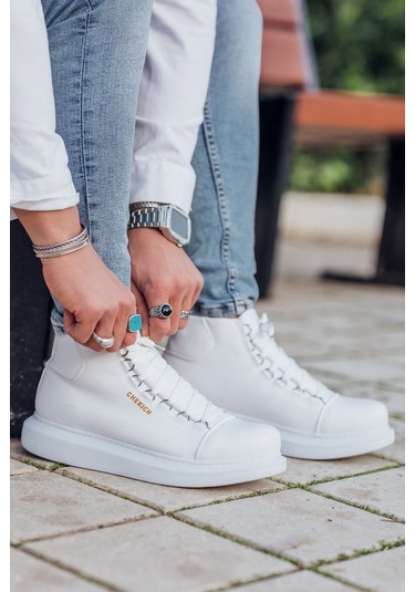 Pabucmarketi Bağcıklı Erkek Sneaker Bot Beyaz Beyaz