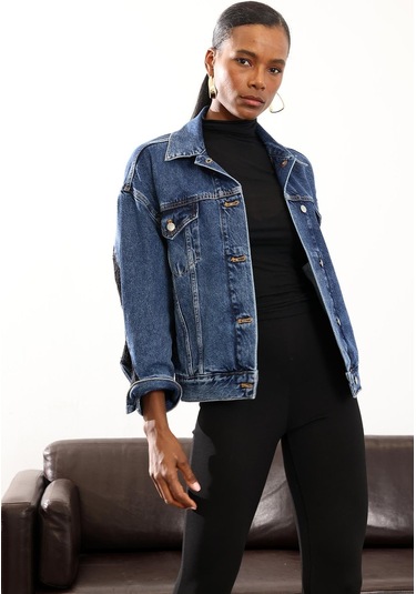 Mavi Dantel Detaylı Kot Ceket Mavi