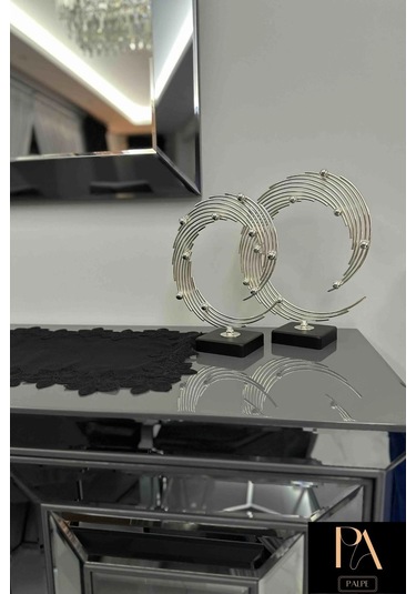 Gümüş 2'li Ofis Metal Aksesuar Biblo Ev Salon Dekorasyon Obje