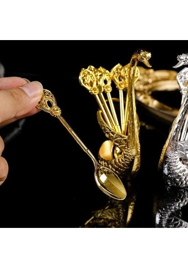 Novahub Altın Kuğu Şekilli Çatal Kaşık Seti - Paslanmaz Korozyona Dirençli Cilalı Yüzey - Depolama Tutucu İle Altın