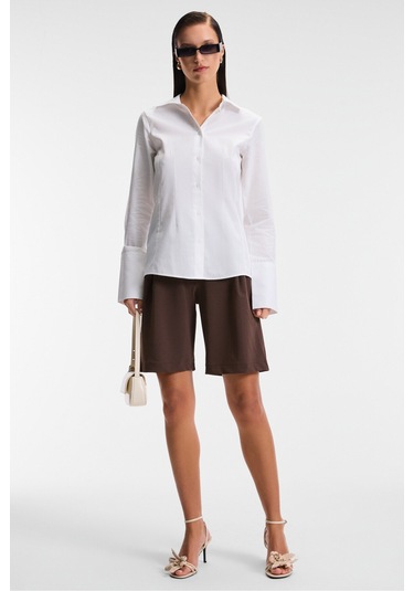 PAPILUS Kadın Regular %100 Organik Pamuk İnce Uzun Gömlek Yaka Uzun Kollu Beyaz Gömlek