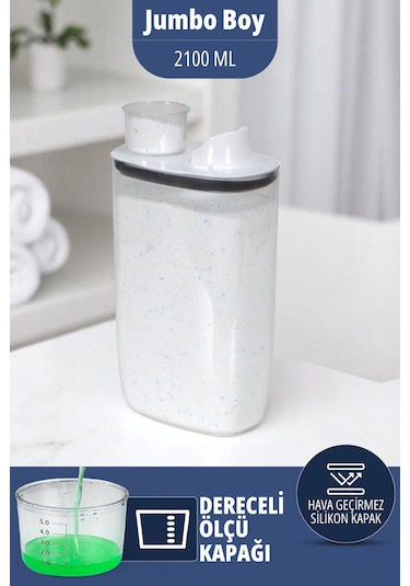 İronika Silikon Kapaklı Ölçekli Toz Sıvı Tablet Deterjan Saklama Kabı Kutusu 2100 Ml Şeffaf