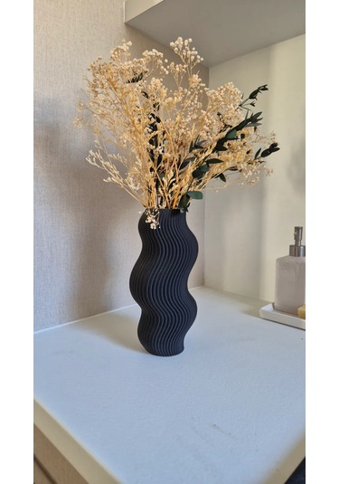 3d Baskı Dalgalı Tasarım Dekoratif Vazo Modern Masa Üstü Dekor 18cm Siyah