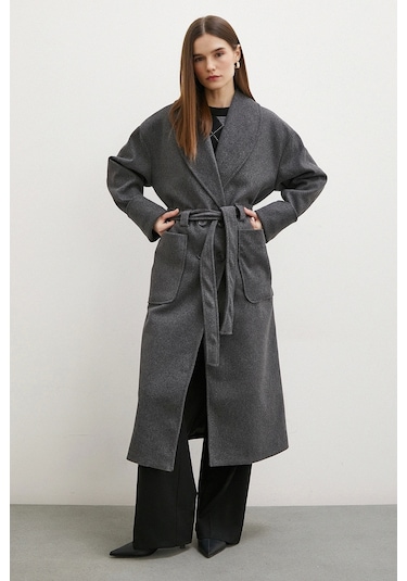 Kuşaklı Şal Yaka Kaban Antrasit