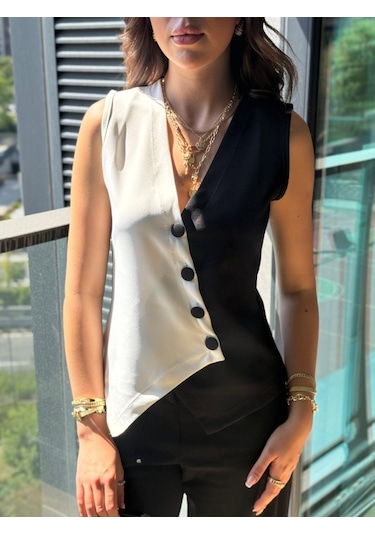 Sensuelle Kadın Sıfır Kol V Yakalı Düğmeli Blok Renkli Atlas Yelek Siyah