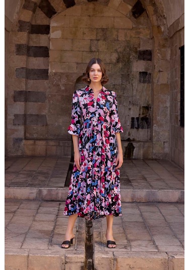 Monamise 23029 Kadın Gömlek Yakalı Önden Düğmeli Kloş Elbise-çiçekli Çok renkli